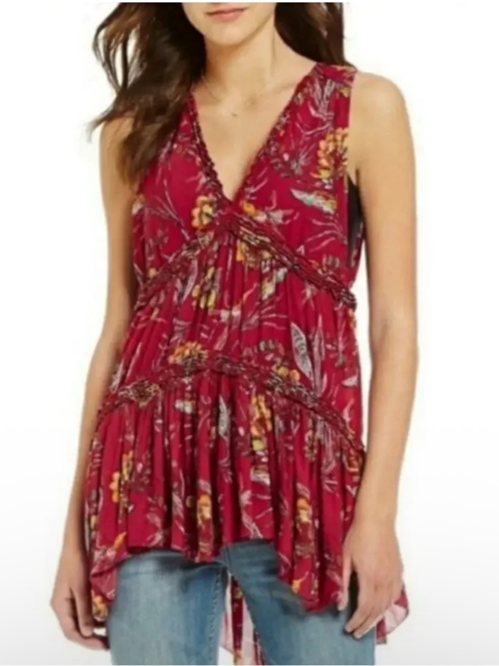 Free People maroon Floral V-Neck Tiered Tunic